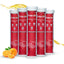 Multiple red and white supplement tubes labeled 'Free on' with oranges and a splash of liquid on a white background.