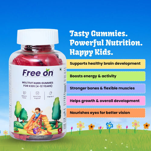 Free On Multivitamin Gummies for Kids (Ages 4-12) bottle featuring benefits like brain development, immunity support, and bone health. The product image shows a clear bottle with red gummy vitamins against a playful outdoor background.
