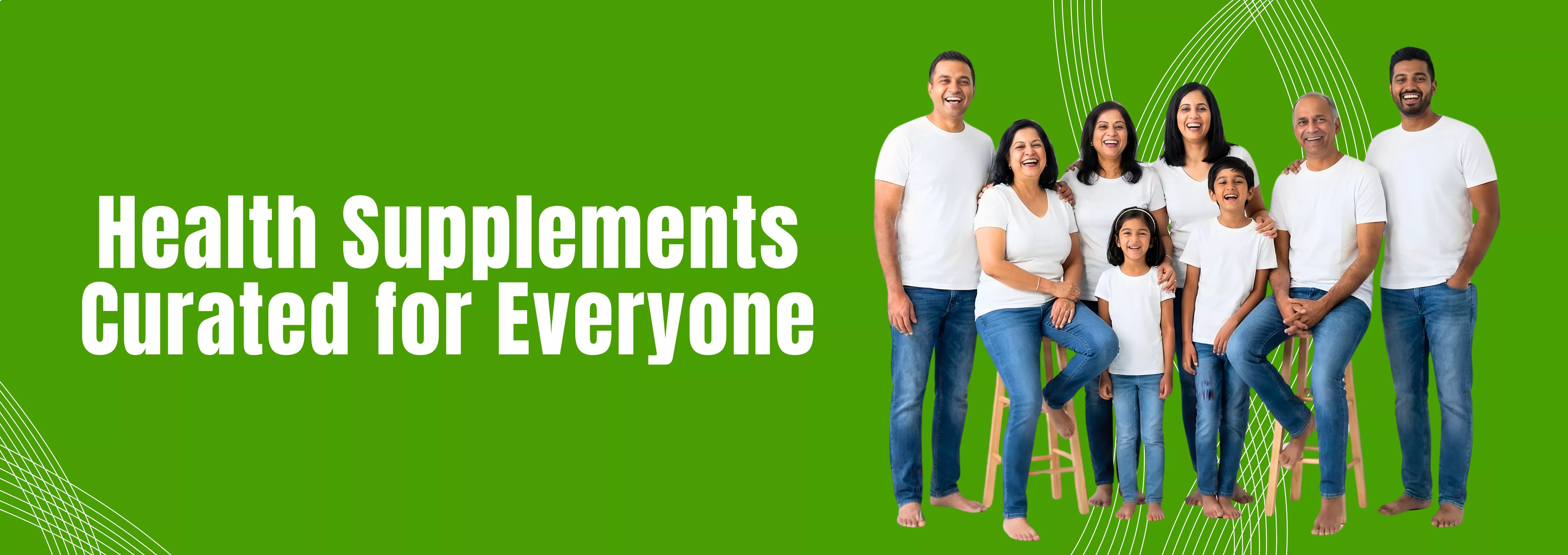 Family of seven standing together with text 'Health Supplements Curated for Everyone' on a green background