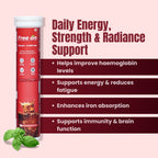 Effervescent Vitamin C with Iron tablets by Free On for daily energy, strength, and radiance. Product features Ferrous Ascorbate, Folic Acid, and Vitamin C to improve haemoglobin levels, reduce fatigue, and enhance iron absorption. Packaging shows 20 effervescent tablets with a refreshing cola-flavored drink illustration.