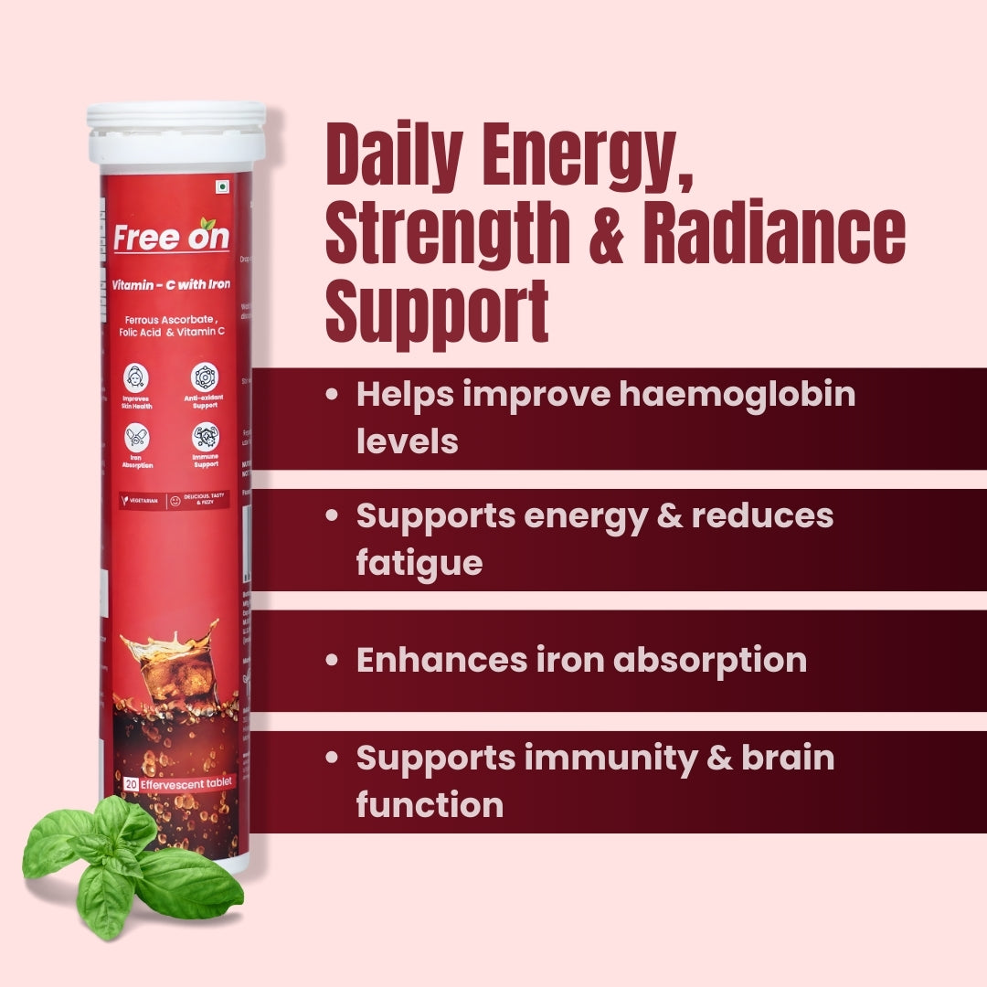 Effervescent Vitamin C with Iron tablets by Free On for daily energy, strength, and radiance. Product features Ferrous Ascorbate, Folic Acid, and Vitamin C to improve haemoglobin levels, reduce fatigue, and enhance iron absorption. Packaging shows 20 effervescent tablets with a refreshing cola-flavored drink illustration.