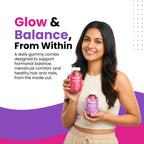 An advertisement for Free on gummy supplements featuring a smiling woman holding two bottles. The top bottle is labeled "Gummies for Hair and Nails," and the bottom bottle is for "Ovarian health and Menstrual Cycle." The text on the left reads, "Glow & Balance, From Within," describing a daily gummy combo designed to support hormonal balance, menstrual comfort, and healthy hair and nails. The design uses a clean white background with vibrant pink and purple wave accents.