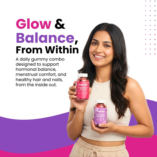An advertisement for Free on gummy supplements featuring a smiling woman holding two bottles. The top bottle is labeled "Gummies for Hair and Nails," and the bottom bottle is for "Ovarian health and Menstrual Cycle." The text on the left reads, "Glow & Balance, From Within," describing a daily gummy combo designed to support hormonal balance, menstrual comfort, and healthy hair and nails. The design uses a clean white background with vibrant pink and purple wave accents. Hover Image