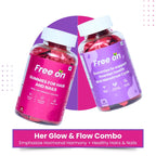 Two bottles of Free on Gummies of Hair & Nails, Gummies to support o arian health and menstrual cycle a combo deal. Her Glow & Flow Combo which emphasize hormonal harmony and Healthy hair & nails. 