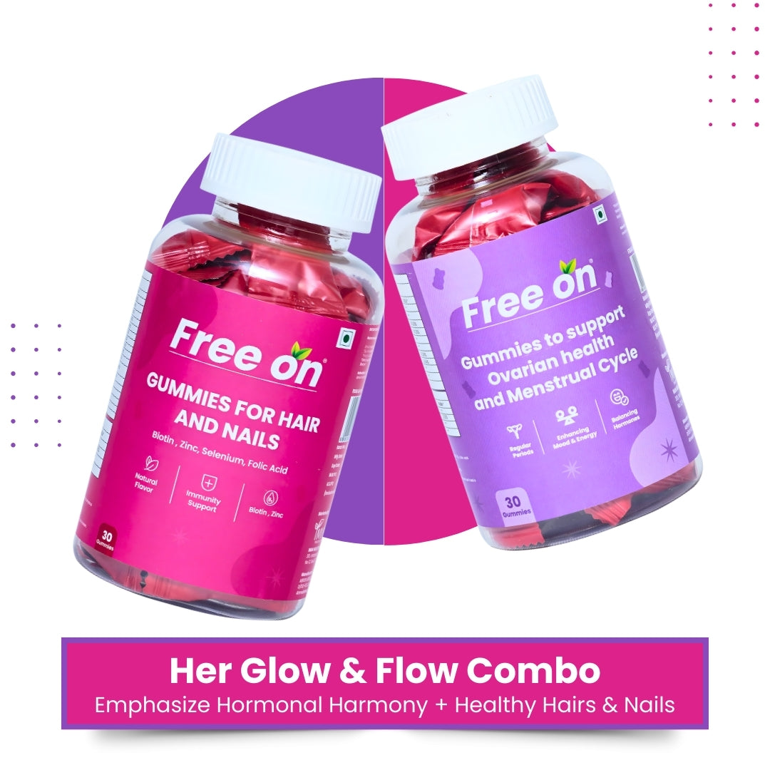 Two bottles of Free on Gummies of Hair & Nails, Gummies to support o arian health and menstrual cycle a combo deal. Her Glow & Flow Combo which emphasize hormonal harmony and Healthy hair & nails. 