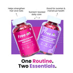 Two bottles of Free on gummies for hair and nails with text highlighting benefits on a purple background.