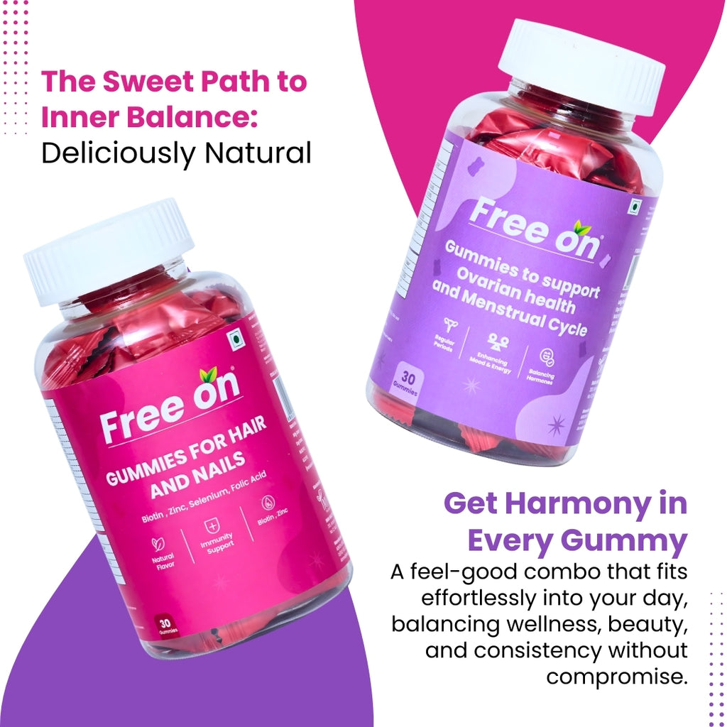Two bottles of Free On gummies for hair, nails, and ovarian health combo.Which provides Sweet path to inner balance with natural flavour. Harmony in every gummy. Feel good combo that fits effortlessly into your day balancing wellkness beauty and consistency without compromise. 