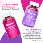 Two bottles of Free On gummies for hair, nails, and ovarian health combo.Which provides Sweet path to inner balance with natural flavour. Harmony in every gummy. Feel good combo that fits effortlessly into your day balancing wellkness beauty and consistency without compromise. 