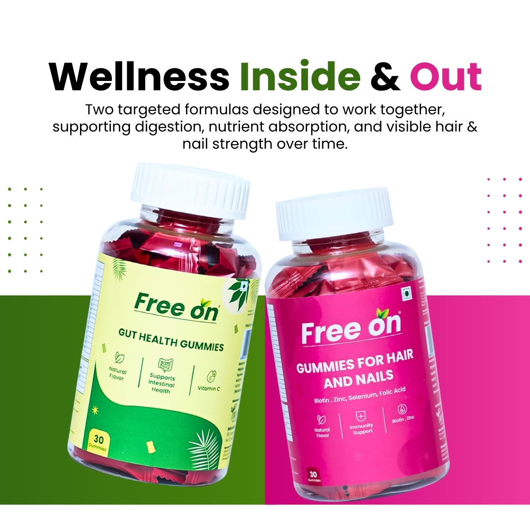 FreeOn hair & nail and Gut Heealth gummies combo come with  pack of 30 gummies which give you wellness inside & out. Both product are targeted formulas designes to work together supporting digestion, nutrient absorption and visib e hair & nail strength over time. 