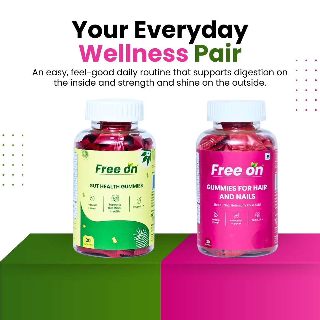 Free On Gut Health Gmmies and Hair & nail Gummies combo for better Gut and healthy hair & nail. This can be your everyday wellness Pair for easy feel good daily routine that support better digestion on inside nad trengeth and shine on outside. 