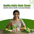 product pack of a Moringa Apple Cider Vinegar (ACV) effervescent pack on a minimalist wooden table. In the foreground, a tall glass of sparkling water shows a tablet dissolving with dynamic effervescence and bubbles. Styled with fresh green apples, organic moringa leaves, and drumstick pods. "Healthy Habits made simple" and "Ideal for active, health-conscious lifestyles."