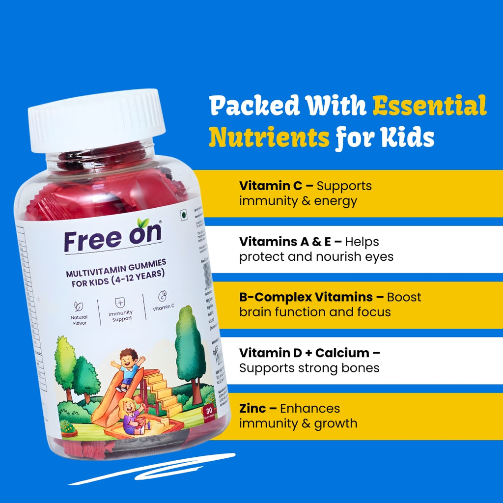 Free On Multivitamin Gummies for Kids 4-12 years bottle featuring essential nutrients like Vitamin C, B-Complex, Vitamin D, and Zinc for immunity & energy, brain focus, Nourush eyes, and bone growth.