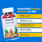 Free On Multivitamin Gummies for Kids 4-12 years bottle featuring essential nutrients like Vitamin C, B-Complex, Vitamin D, and Zinc for immunity & energy, brain focus, Nourush eyes, and bone growth.