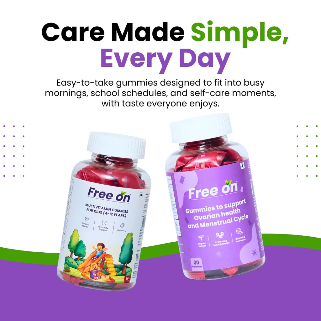 FreeOn her and little once combo helps you to improve your ovarian health and mensurational cycle along with multivitamin kid to support your little one grow stronger. This gummies are strawberry flavour bear shape which makes them east to take gummies designed to fit into busy mornings school schedules and self care movements with the quality of taste that everyone enjoys. 