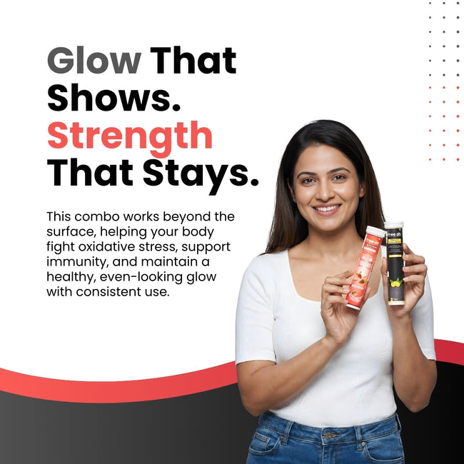 FreeOn radiance & resilience combo where you get L-glutathione and Vitamin C with amla extract effervescent tablet combo. This combo works beyond the surface helping your body fight oxidative stress support immunity and maintain a healthy even looking glow with consistent use. Hover Image