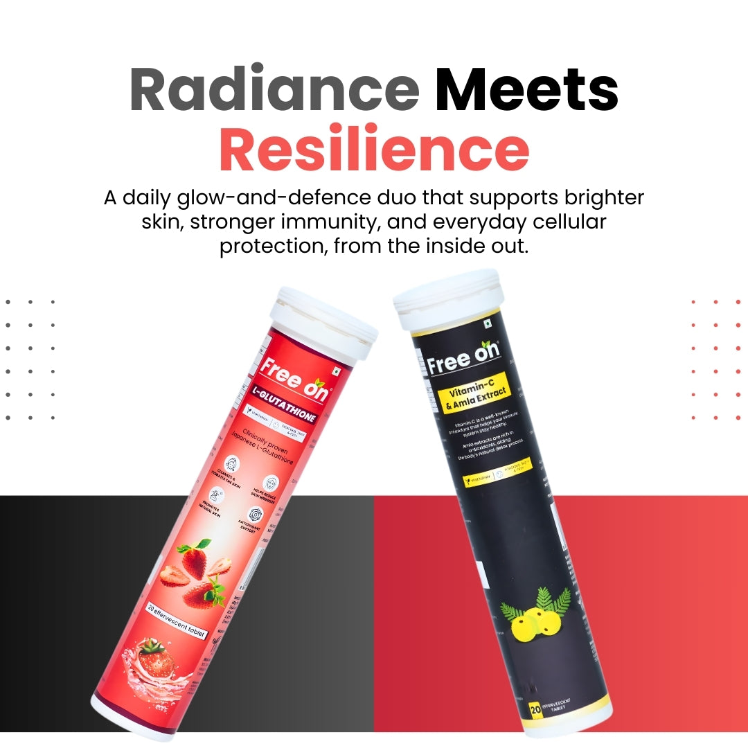 FreeOn radiance & resilient effervescent tablet tube a combo of L-Glutathione and Vitamin_C with Amla extract. This comnbo helps in radiance meet resilience. A combination for daily glow and defence duo that supports brighter skin, stronger immunity and everyday cellular protection from inside out.