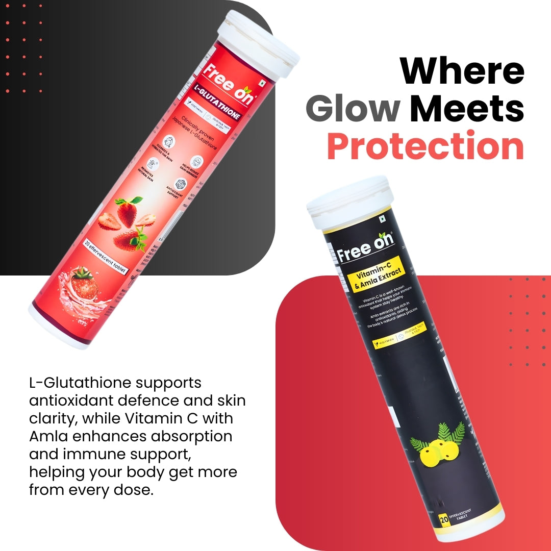 FreeOn Effervescent tablet tubes with text about their benefits that says combination of L-Glutathione and Vitamin-C & mla Extract supports antioxidant defence and skin clarity while vitamin c with amla enchance absorpion and immunity support helping your body get more from every dose.