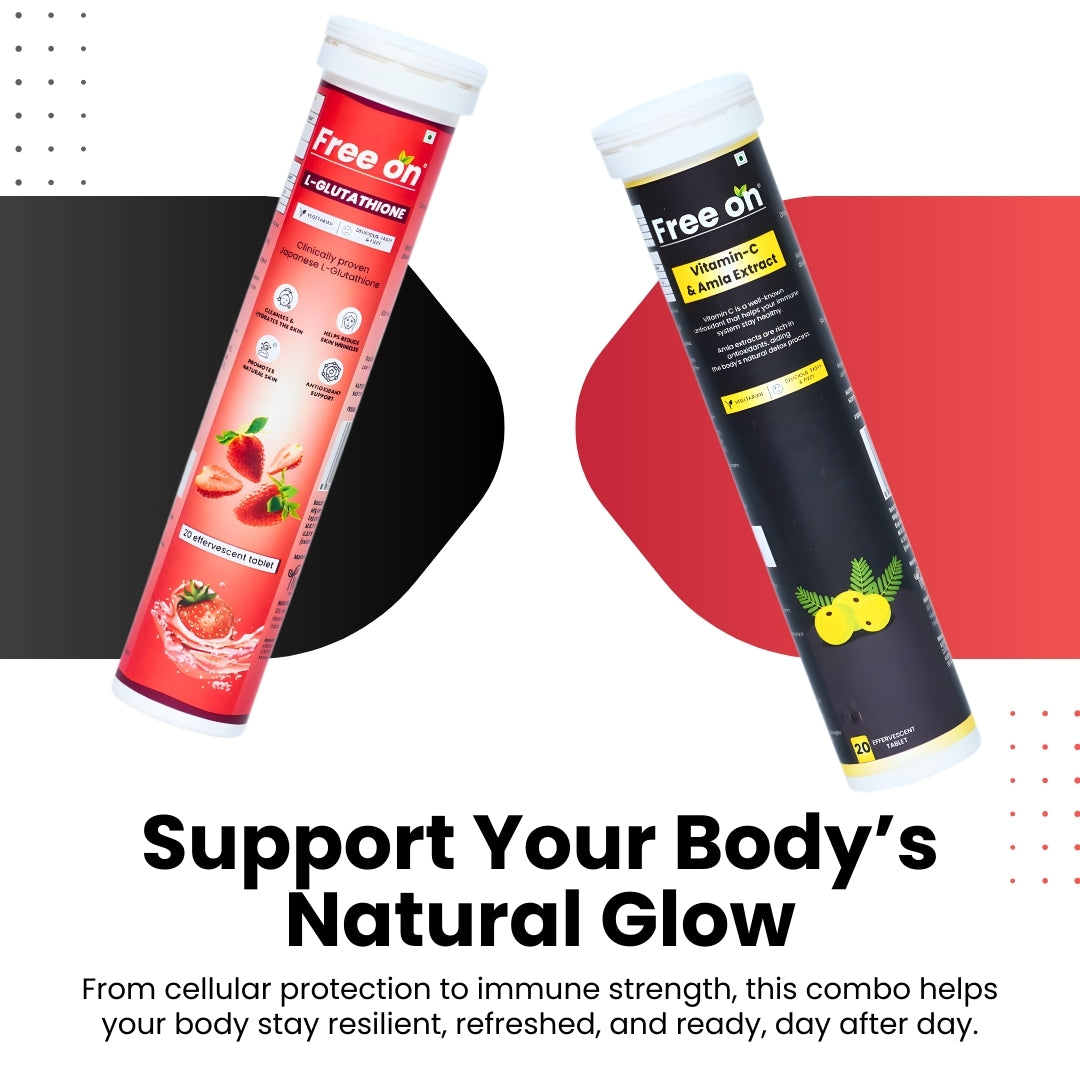 FreeOn radiance & resilient effervescent tablet tube a combo of L-Glutathione and Vitamin_C with Amla extract which support your body natural glow from cellular protection to immune strength this combo helps your body stay resilient refreshed and ready day after day 