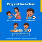 Educational infographic titled "Easy and Fun to Take" showing instructions for children's gummy vitamins. The graphic features four cartoon panels with a young boy and a woman in a saree. A mother is giving gummie sto her child indicating 1-2 gummies per day. The child chewing, labeled Chew thoroughly. Child sitting on table having food indicating gummies can be taken with or without food. Below their is an instruction saying use this product with doctor advice and not for children below 4 years. 