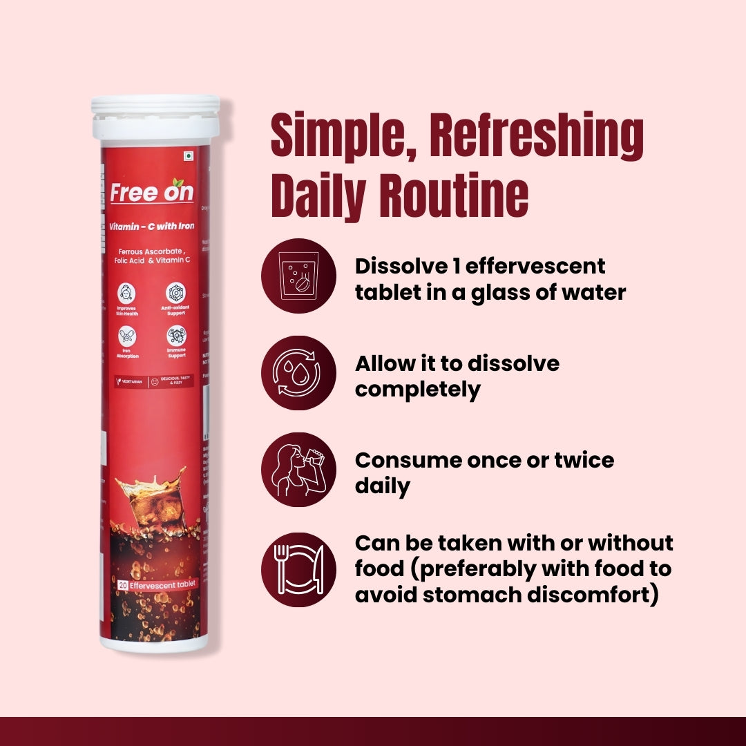 Free On Vitamin C with Iron effervescent tablets product infographic showing a red tube and instructions for use dissolving 1 tabelt in glass of water wait untill it dissolve it properly and can be consumed once or twice a day preferably with food to avoid stomach discomfort 
