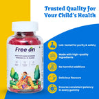 A bottle of Free on Multivitamin Gummies for Kids aged 4–12 years, featuring a colorful label with children playing on a slide. The image highlights key product benefits: lab-tested for purity, high-quality ingredients, no harmful additives, delicious flavors, and consistent potency. The packaging emphasizes immunity support and Vitamin C with natural flavors.