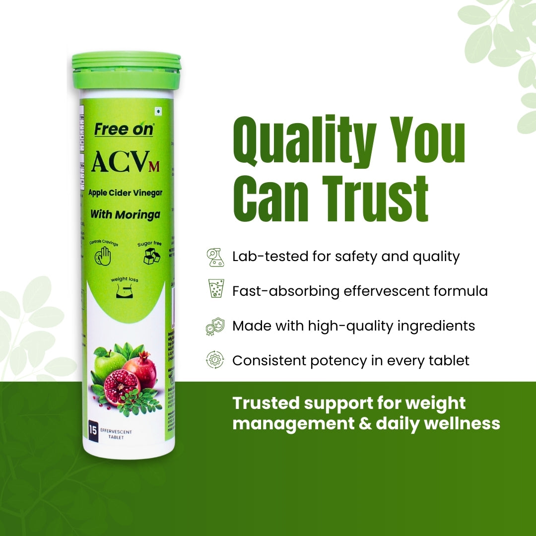 Apple Cider Vinegar with Moringa supplement tube on a green background with text about quality and benefits. Lab-Tested Purity for Rigorously screened for safety, heavy metals, and quality to ensure a premium experience. Rapid-Absorb Delivery for Advanced effervescent formula for maximum bioavailability and faster nutrient uptake. Consistent Potency for Guaranteed consistent active ingredients in every tablet for reliable daily results. Used High quality ingredients for better quality 