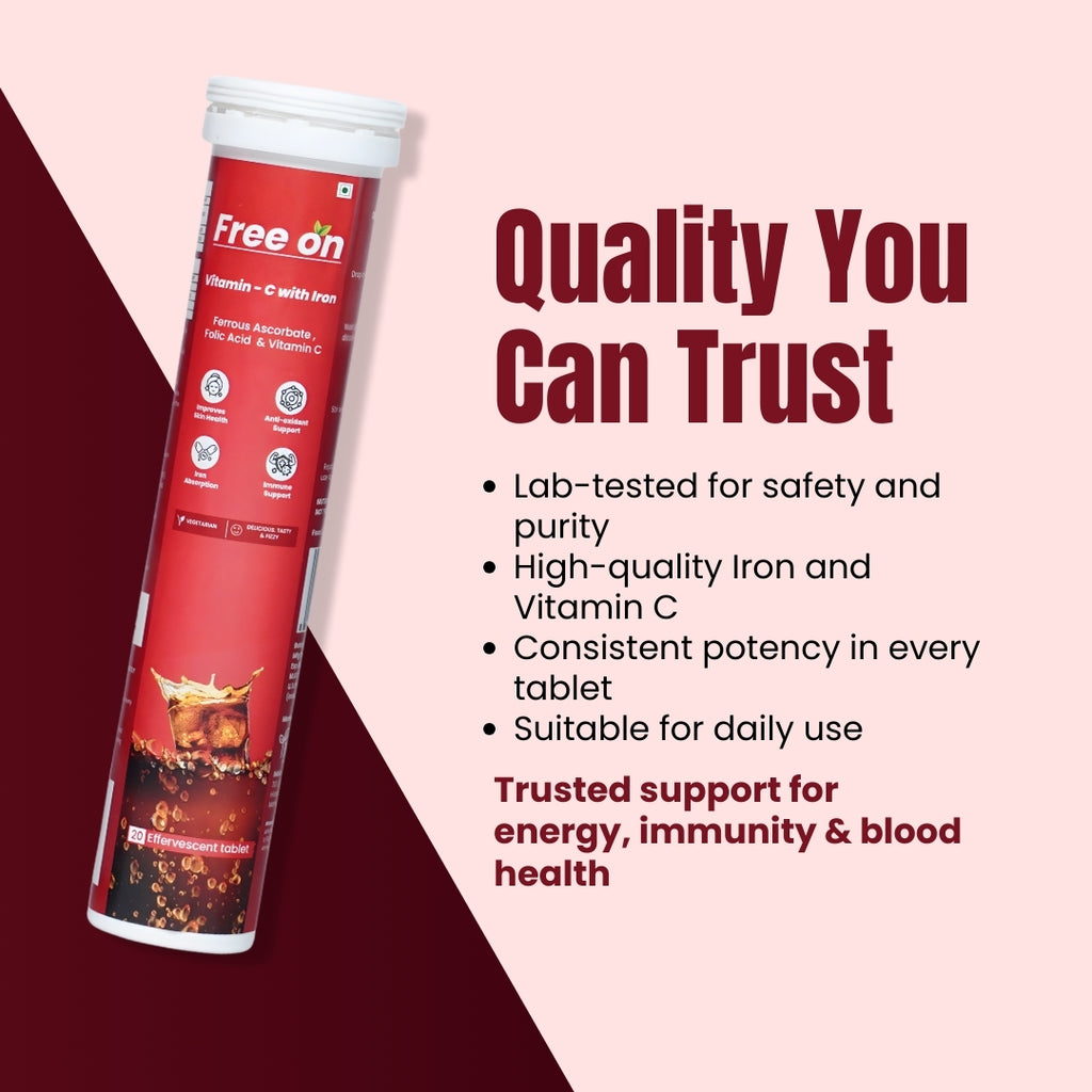 Red supplement tube with white cap on a pink and red gradient background, featuring text about product quality and benefits. suggesting Lab - Tested for safety and purity, High quality iron & vitamin C, consistent potency, suitable for daily use with bold dark red text Quality you can trust and center head of image and Trusted support for energy, immunity & blood health at bottom center of the image  