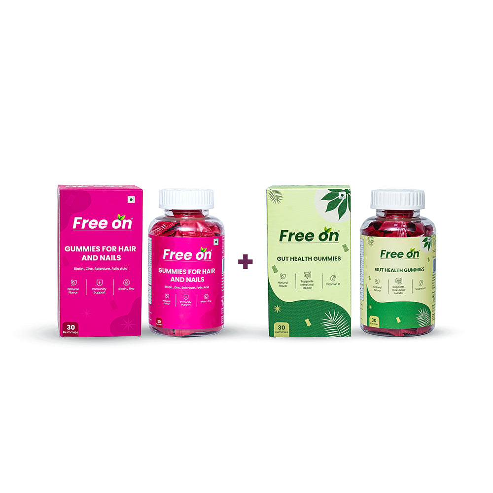 Two packages of Free On Gummies of Gut Health gummies and hair and nails gummies with a pack of 30 gummies which has a natural flavor which has vitamin C, Bioin, zin which giives support to your immunity and intestinal health.
