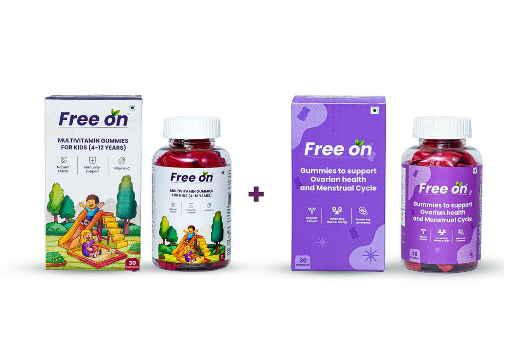 FreeOn her & little one combo ofgummie sto support ovarian health & menstrual cycle along side on multivitamin Gummies for kid. a pack of 30 gummies with natural flavour bear shape gummies
