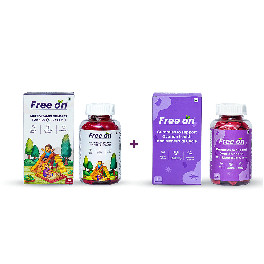 FreeOn her & little one combo of gummies to support ovarian health & menstrual cycle along side on multivitamin Gummies for kid. a pack of 30 gummies with natural flavour bear shape gummies