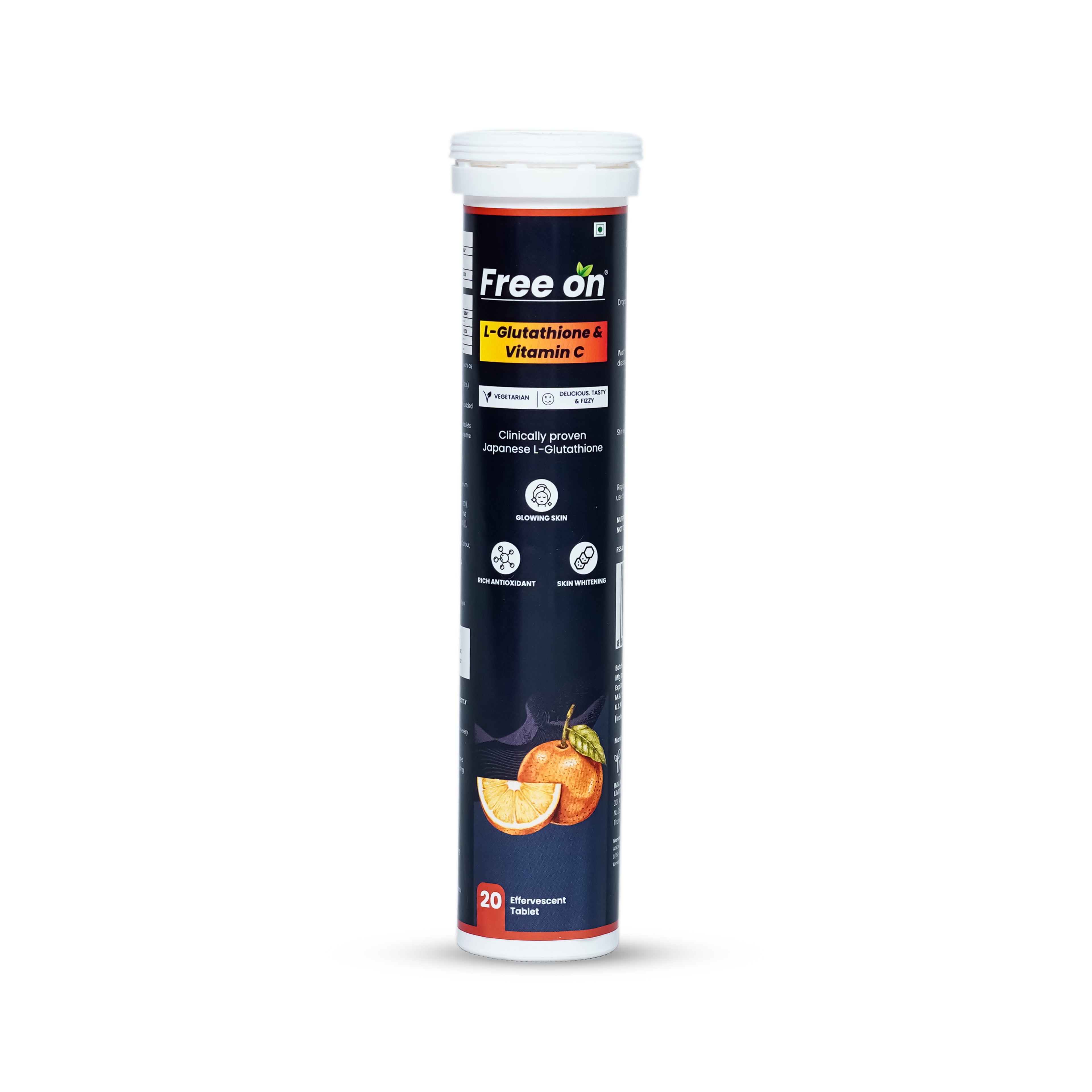 Tube of Free'on supplement with orange and vitamin C on a white background