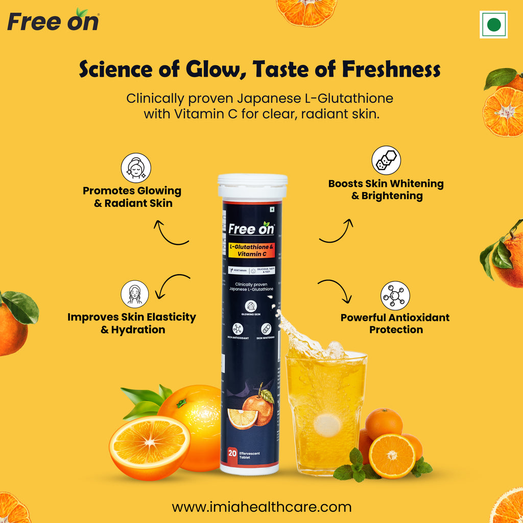 Free on skincare product with orange juice and oranges on a yellow background