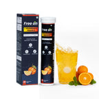 Free on Glutathione and Vitamin C supplement packaging with a glass of orange juice and oranges.