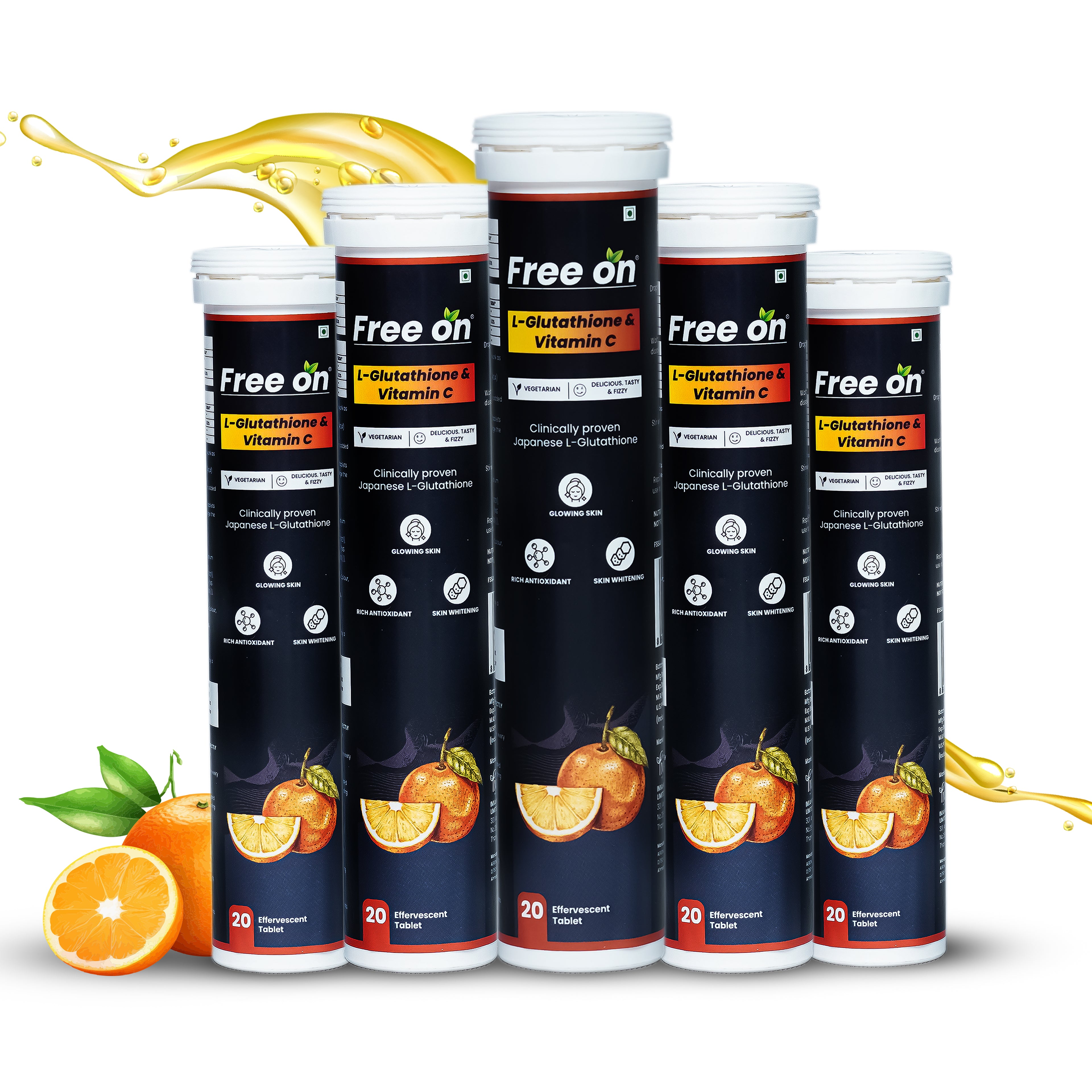 Multiple tubes of Free'on supplements with oranges and a yellow liquid on a white background