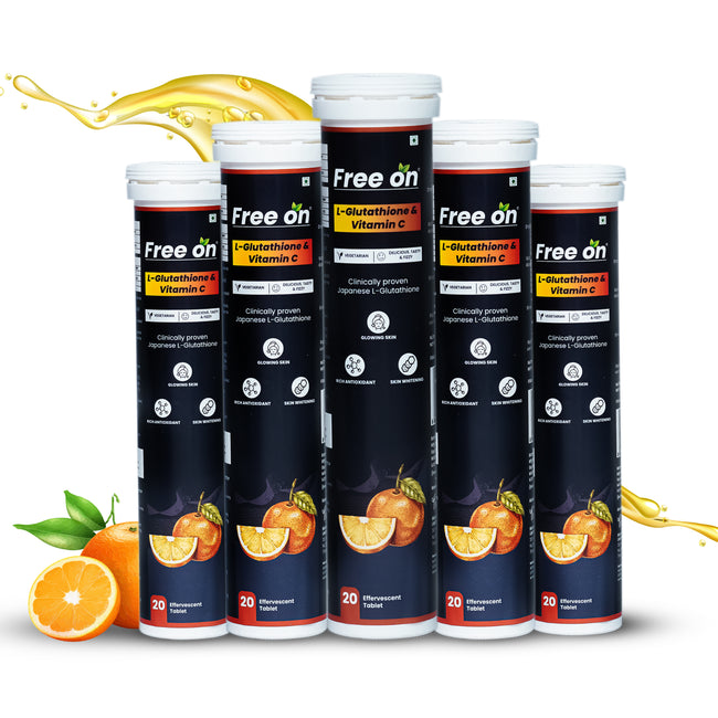 Multiple tubes of Free'on supplements with oranges and a yellow liquid on a white background Hover Image
