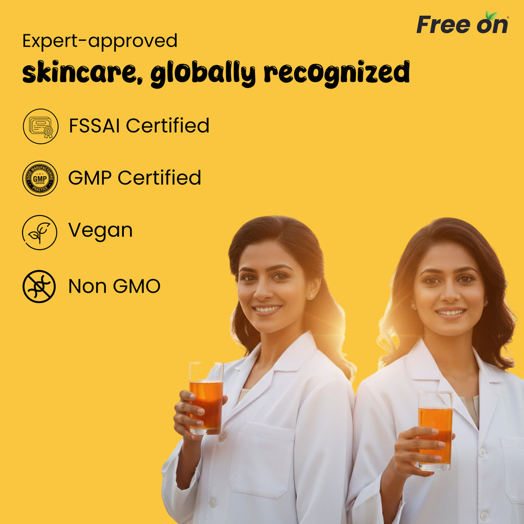 Two women in lab coats holding glasses of a product against a yellow background with certification logos and text.