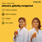 Two women in lab coats holding glasses of a product against a yellow background with certification logos and text.