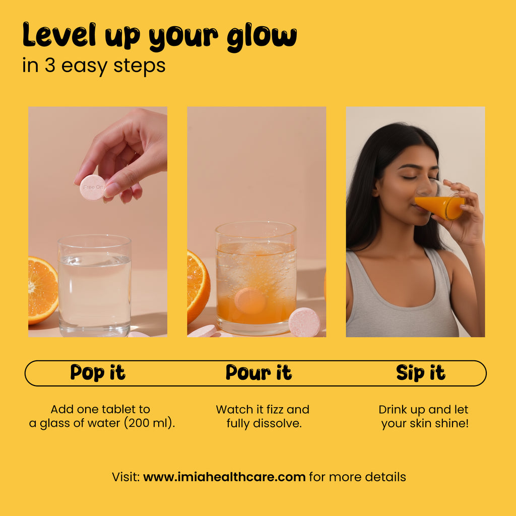 Promotional graphic for a skincare product with steps to use it, featuring a woman drinking a beverage.