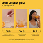 Promotional graphic for a skincare product with steps to use it, featuring a woman drinking a beverage.