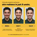 Before and after skin improvement results with a yellow background and text about clinical testing.