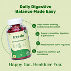 Product advertisement for Free On Gut Health Gummies, a 30-count bottle of daily digestive supplements. The image highlights key benefits including bloating relief, abdominal discomfort support, improved bowel regularity, and a healthier gut microbiome. Features natural flavor, Vitamin C, and intestinal health support for digestive balance.