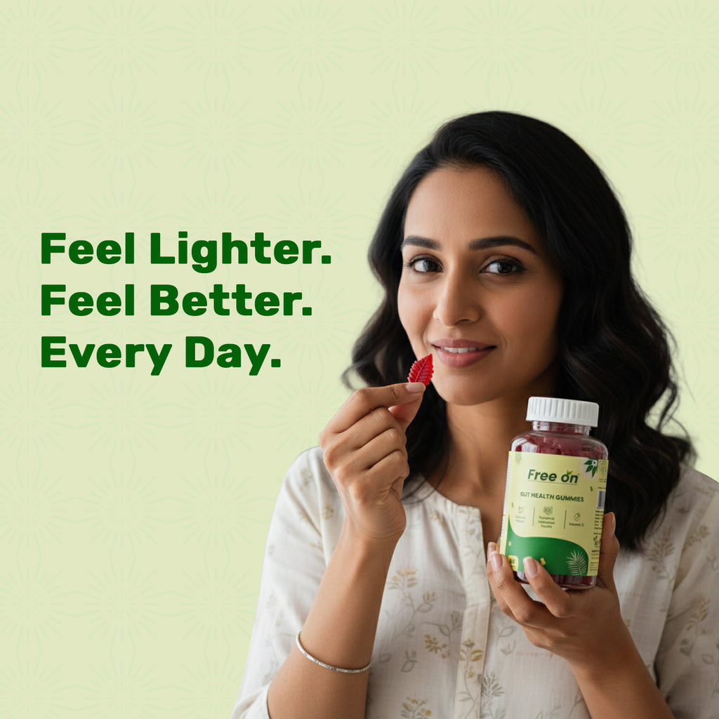 An advertisement featuring a smiling woman holding a bottle of Free on Gut Health Gummies. To her left, bold green text reads, Feel Lighter. Feel Better. Every Day. She is holding a single red, Bear-shaped gummy between her fingers.