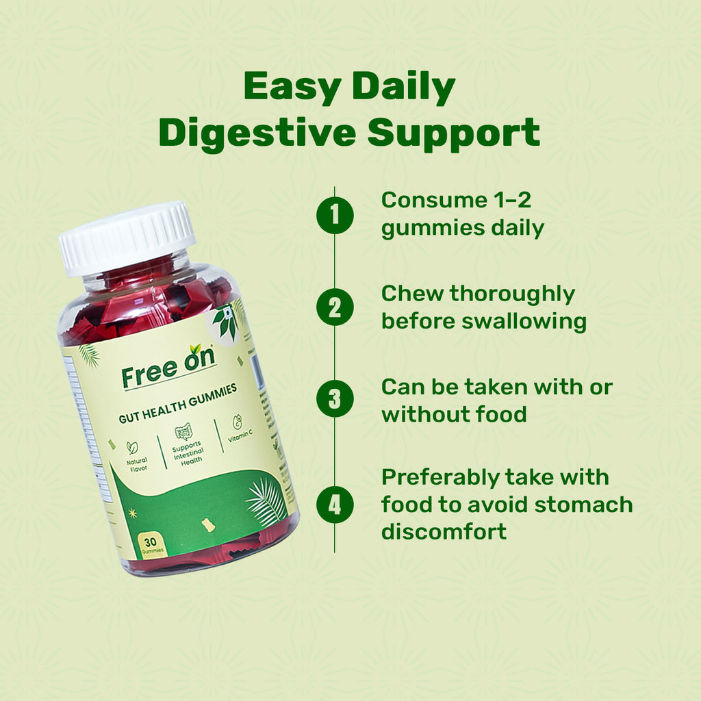 Free On Gut Health Gummies bottle for easy daily digestive support. The infographic shows a 30-count bottle of red probiotic gummies with Vitamin C and natural flavor. A numbered four-step guide explains dosage consume 1-2 gummies daily, chew thoroughly, and take with or without food preferably with a meal to avoid stomach discomfort. High-quality digestive supplement for intestinal health.