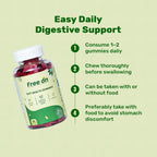 Free On Gut Health Gummies bottle for easy daily digestive support. The infographic shows a 30-count bottle of red probiotic gummies with Vitamin C and natural flavor. A numbered four-step guide explains dosage consume 1-2 gummies daily, chew thoroughly, and take with or without food preferably with a meal to avoid stomach discomfort. High-quality digestive supplement for intestinal health.