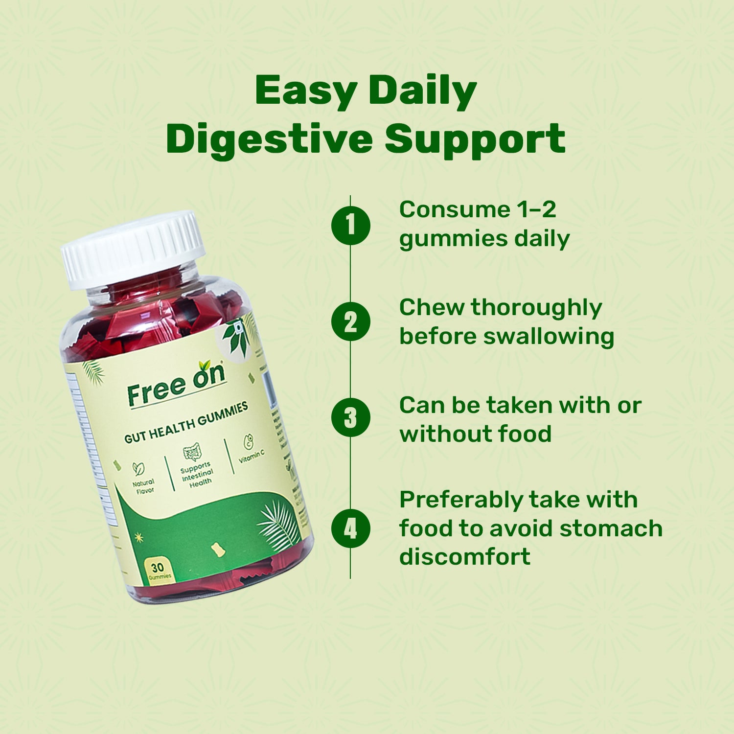 Free On Gut Health Gummies bottle for easy daily digestive support. The infographic shows a 30-count bottle of red probiotic gummies with Vitamin C and natural flavor. A numbered four-step guide explains dosage consume 1-2 gummies daily, chew thoroughly, and take with or without food preferably with a meal to avoid stomach discomfort. High-quality digestive supplement for intestinal health.