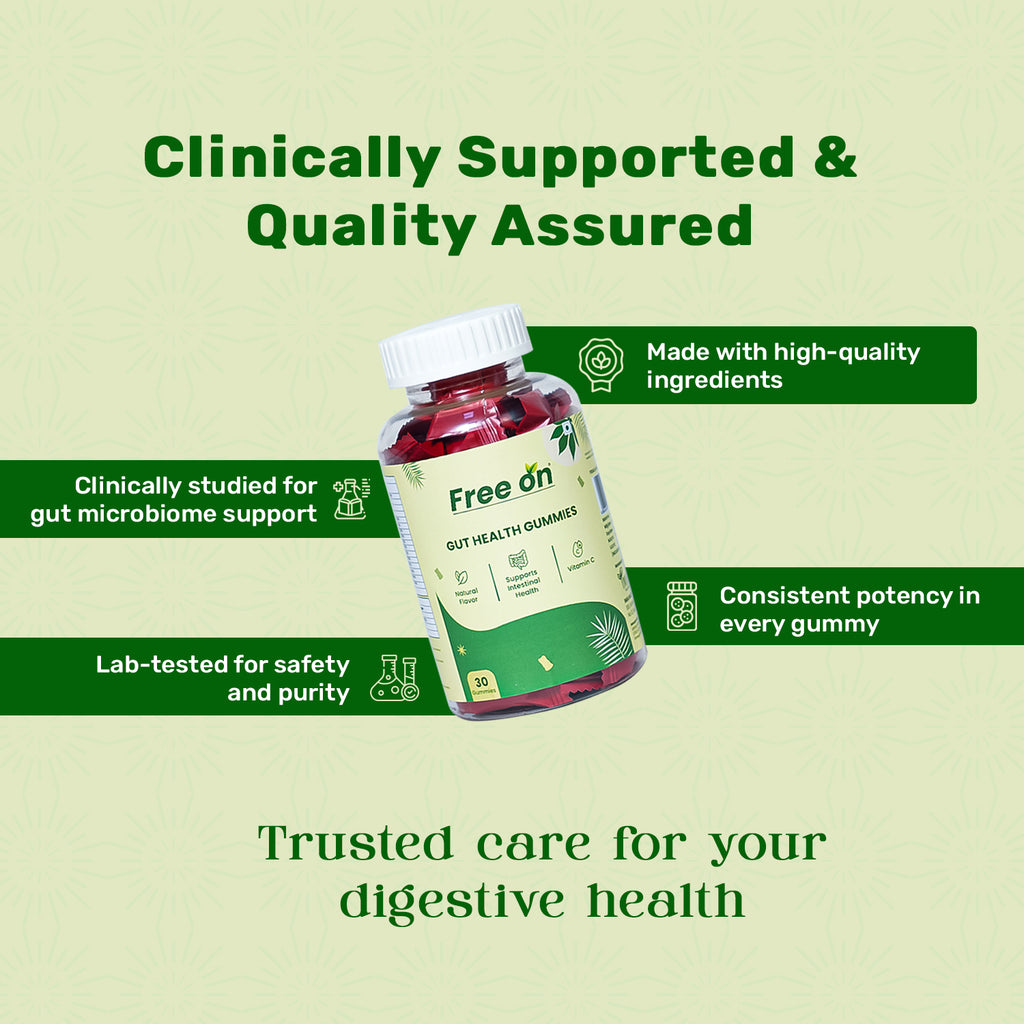 Free On Gut Health Gummies bottle for digestive support, featuring clinically studied ingredients for microbiome health, lab-tested purity, and Vitamin C. High-quality probiotic supplements for intestinal health and consistent potency.