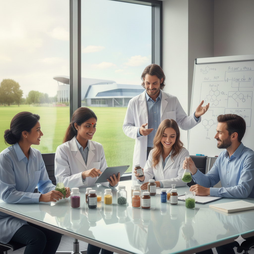 Scientists in a laboratory setting discussing and working with various bottles and a tablet.