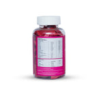 Bottle of pink liquid supplement with a white cap on a white background
