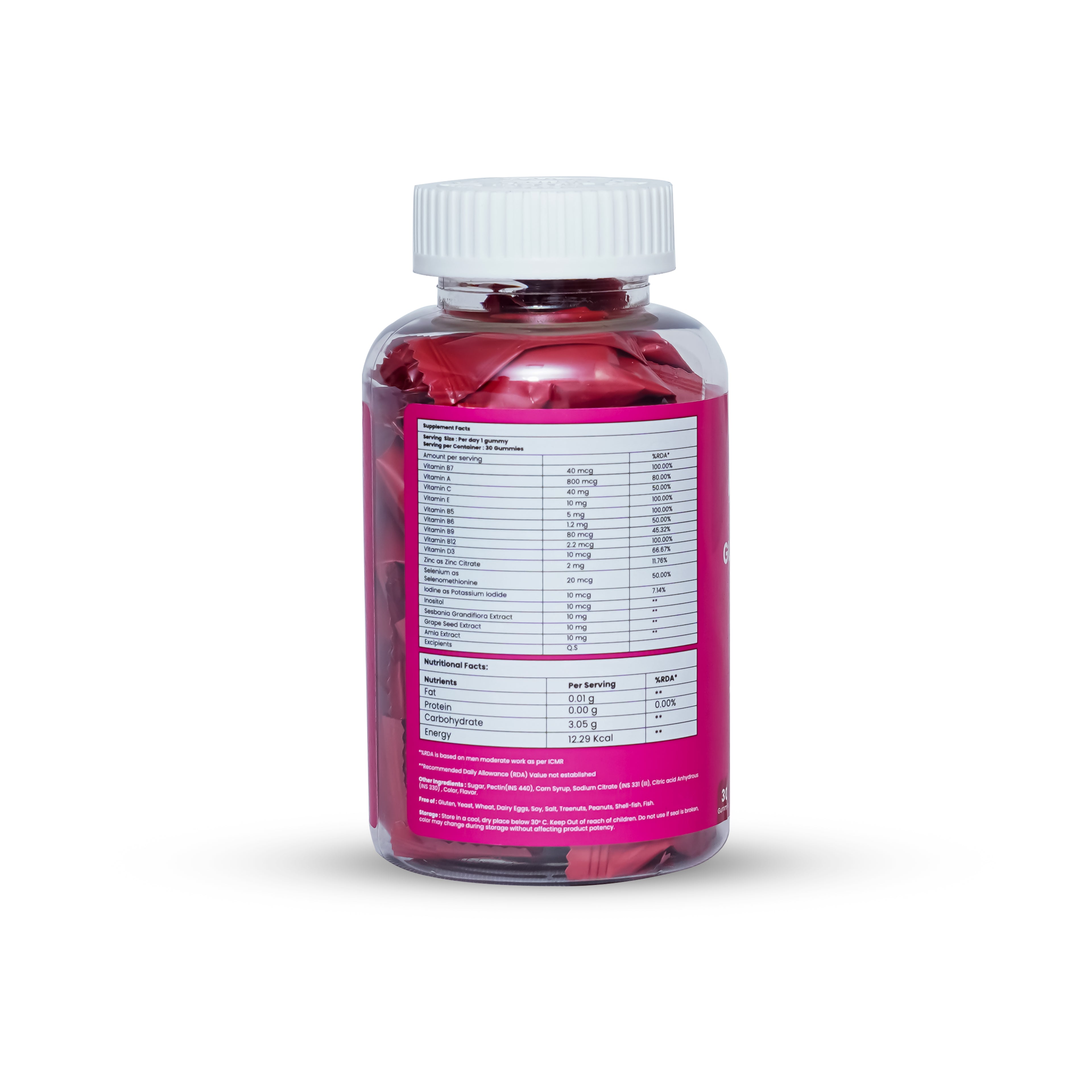 Bottle of pink liquid supplement with a white cap on a white background