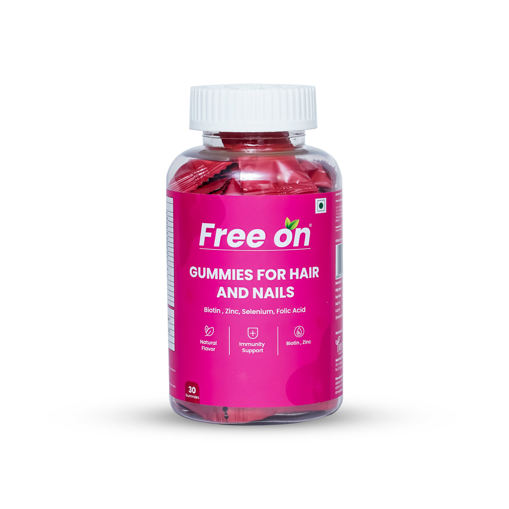 Bottle of Free On Gummies for Hair and Nails on a white background